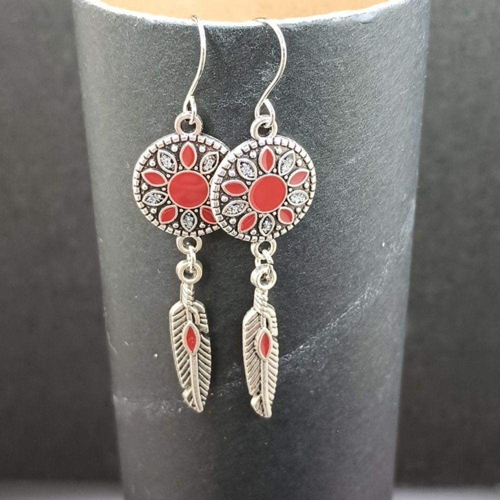 SILVER and red tribal drop earrings with feather